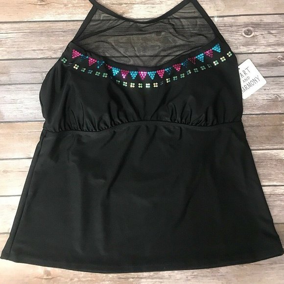 Plus Size Mesh Yoke Sequin Embellished Tankini Top - Picture 7 of 9